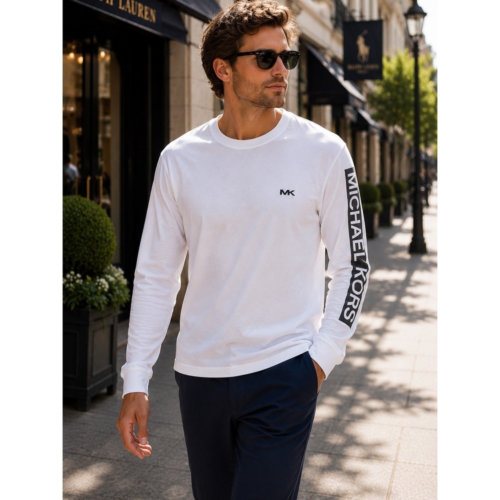 Michael Kors Mens Long Sleeve Graphic Logo Tee White Size L NEW